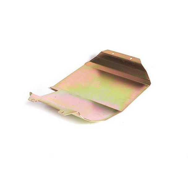 Terrafirma Steel Fuel Tank Guard for Discovery 2, a metallic protective plate with a pinkish-green hue designed to shield the fuel tank.