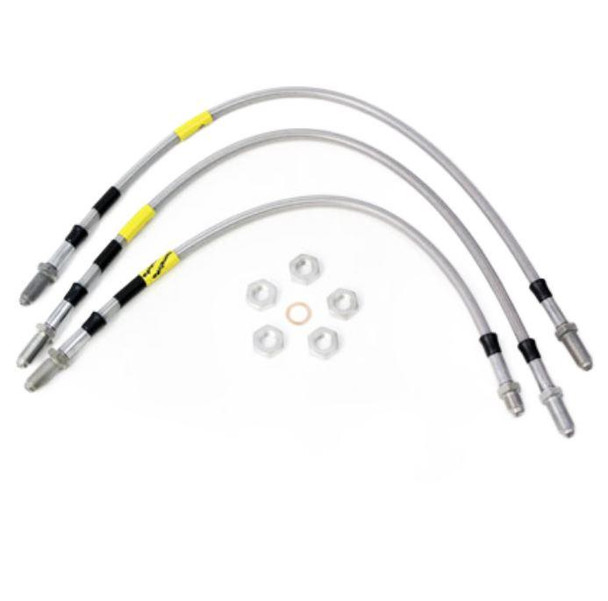 GOODRIDGE Terrafirma TF640GD 3-Line 2" Extended Stainless Steel Brake Hose Kit for Defender 90, image showing stainless steel brake hoses, fittings, nuts, and a copper washer for vehicle brake system upgrade.