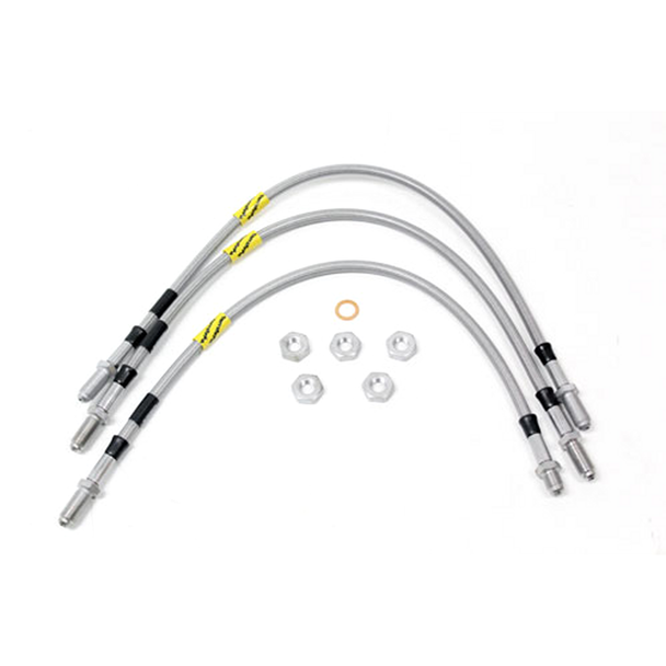 GOODRIDGE Terrafirma TF642GD 3-Line 2-inch Extended Stainless Steel Brake Hose Kit for Defender 110/130 Non-ABS Models (1983-1999), three stainless steel brake hoses with fittings and mounting hardware.