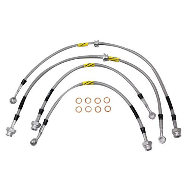 GOODRIDGE Terrafirma TF650GD 4-Line 2 inch Extended Stainless Steel Brake Hose Kit for Discovery 2, image of four stainless steel brake hoses with fittings and copper washers.