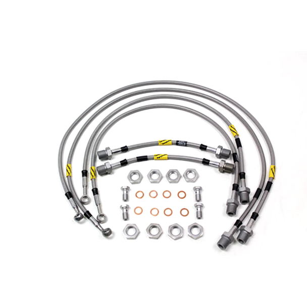 GOODRIDGE Terrafirma TF654GD 6-Line 2' Extended Stainless Steel Brake Hose Kit for Range Rover P38 (1994-2002), image of the stainless steel brake hoses with fittings and mounting hardware.