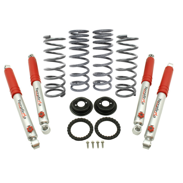 Terrafirma 2 Inch Lift Suspension Kit with Heavy Load Springs and Pro Sport Shocks for Discovery 2, image showing coil springs, shock absorbers, and mounting hardware.
