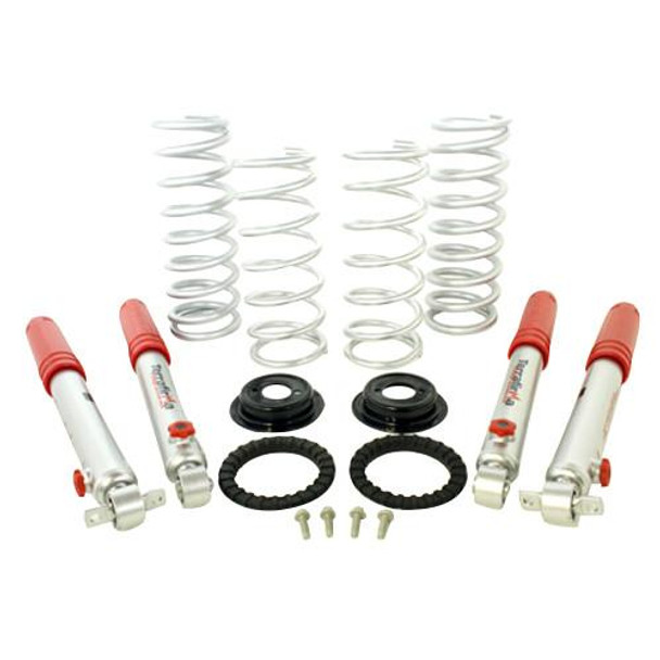 Terrafirma 2 Inch Lift Suspension Kit with Heavy Load Springs and Pro Sport Shocks for Discovery 2, image showing coil springs, shock absorbers, and mounting hardware. Terrafirma 2 Inch Lift Suspension Kit with Heavy Load Springs and Pro Sport Shocks for Discovery 2, image showing coil springs, shock absorbers, and mounting hardware.
