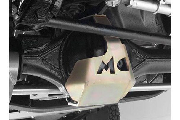 Terrafirma Front Axle Differential Guard for Discovery 2, close-up view of black protective guard installed on vehicle's front axle differential. Terrafirma Front Axle Differential Guard for Discovery 2, close-up view of black protective guard installed on vehicle's front axle differential.
