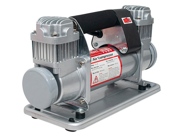 BRITPARTXS Portable 12 V Double-Pump Air Compressor for 4×4 Use | DA2392XS, compact silver air compressor with dual pumps and a black handle on top.