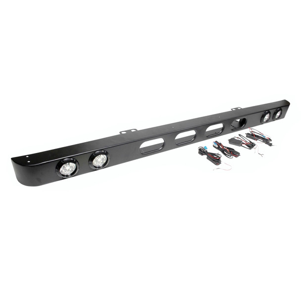 Terrafirma Skeleton LED Front Bumper, black metal bumper with built-in LED lights and wiring harness for Land Rover Defender.