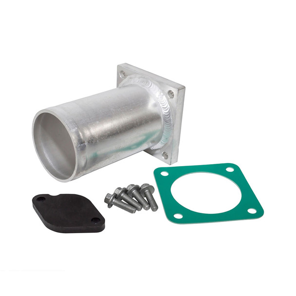 Terrafirma Defender/Discovery 2 Td5 EGR Valve Removal Kit, image of the metal EGR valve removal component, gasket, black mounting plate, and screws.