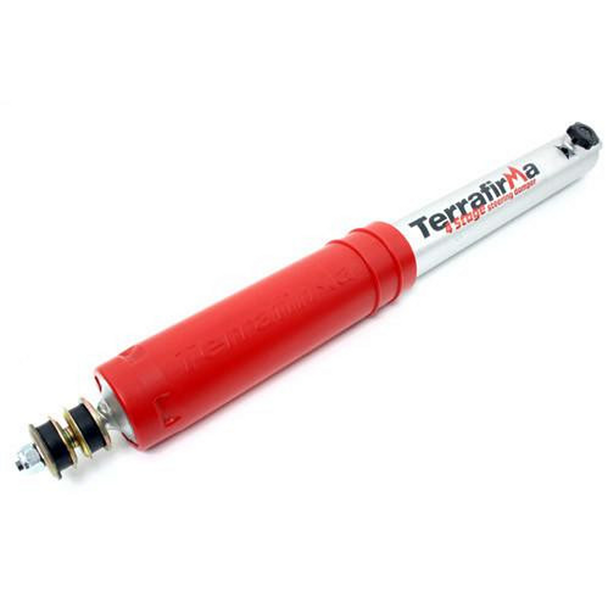 Terrafirma 4-Stage Adjustable Steering Damper for Defender, close-up of the shock absorber highlighting its red and white design with branding and adjustment knob.