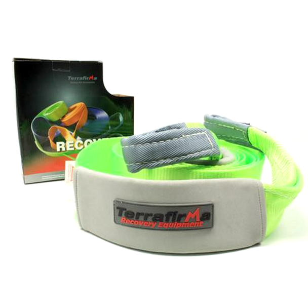 Terrafirma Tree Strap 12000Kgs 5M X 80mm, green and grey recovery tree strap with webbing and padded protection, displayed with packaging.