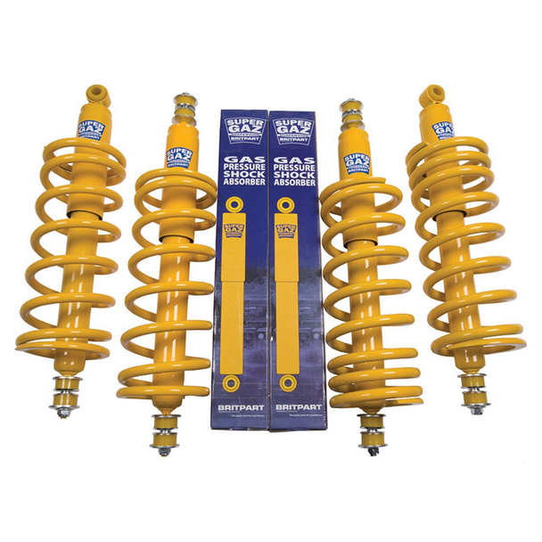 Britpart Super Gaz Suspension Kit Medium Load Plus 40mm for Defender 90, yellow gas pressure shock absorbers and coil springs.