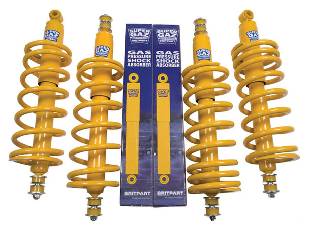 Britpart Super Gaz Suspension Kit Medium Load Plus 40mm for Defender 90, yellow gas pressure shock absorbers and coil springs. Britpart Super Gaz Suspension Kit Medium Load Plus 40mm for Defender 90, yellow gas pressure shock absorbers and coil springs.