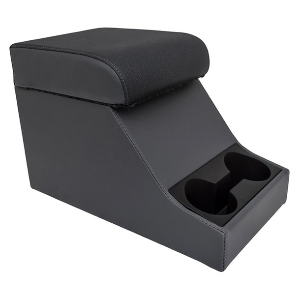 Britpart Chubby Cubby Box Vinyl Twill - DA2662RPI for Defender, a black and grey vehicle centre console with cushioned lid and built-in cup holders. Britpart Chubby Cubby Box Vinyl Twill - DA2662RPI for Defender, a black and grey vehicle centre console with cushioned lid and built-in cup holders.