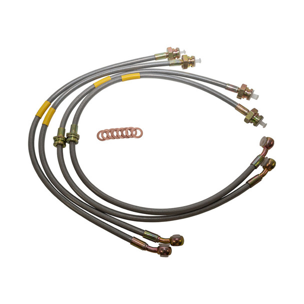 Britpart DA2414150S Plus 150mm Extended Stainless Steel Braided Brake Hose Kit for Discovery 2, set of stainless steel braided brake hoses with fittings and copper washers for vehicle brake system repair.