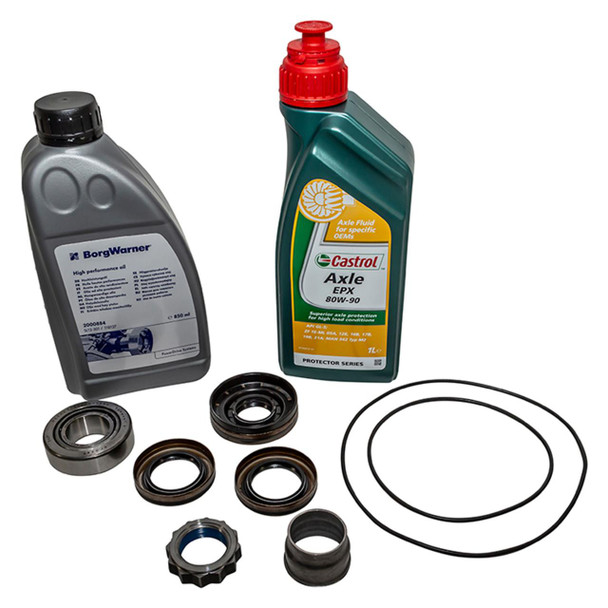 Product OEM Parts Rear Differential Pinion Bearing Overhaul Kit with Oil for Freelander 2, image showing various mechanical components, seals, lubricant bottles, and oil bottles for vehicle repair. Product OEM Parts Rear Differential Pinion Bearing Overhaul Kit with Oil for Freelander 2, image showing various mechanical components, seals, lubricant bottles, and oil bottles for vehicle repair.