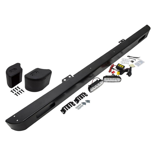 Britpart Front Bumper with Integrated LED Lights for Defender, black steel bumper with LED light assemblies, mounting brackets, wiring harness, and installation hardware.