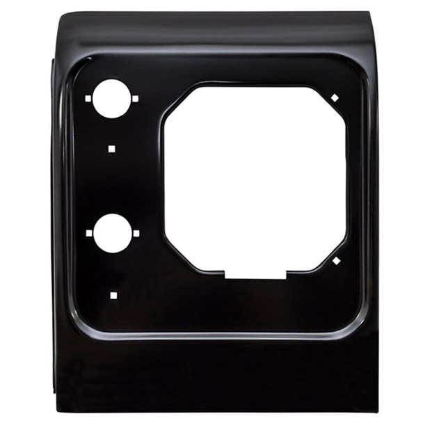 OEM Parts Right Hand Front Wing Nose Panel for Defender, black, square-shaped automotive body part with cutouts for attachment points.