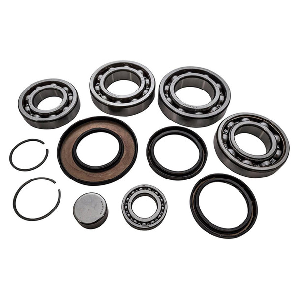 OEM Parts Transfer Box Rebuild Kit for Discovery 3/4 and Range Rover Sport, with bearings, seals, and components laid out on a white background.