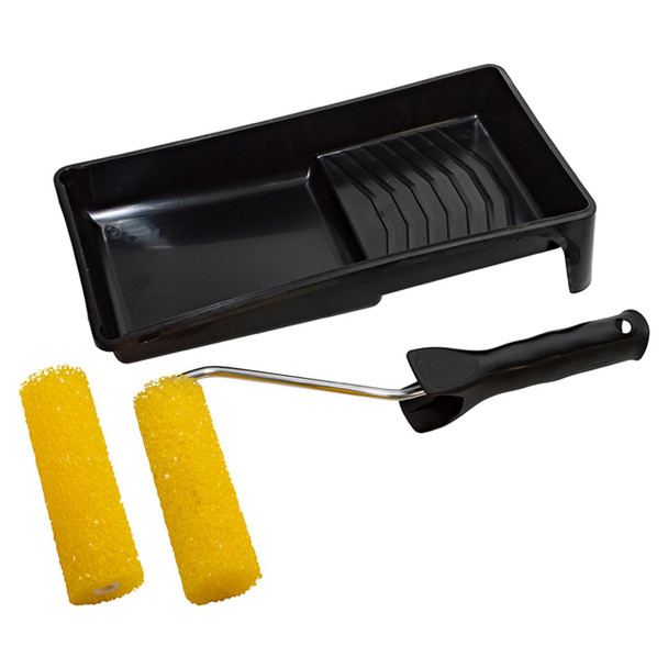 U-POL Foam Roller & Tray Kit For Raptor Paint, black paint tray with integrated roller rest, yellow foam rollers, and black handle roller frame. U-POL Foam Roller & Tray Kit For Raptor Paint, black paint tray with integrated roller rest, yellow foam rollers, and black handle roller frame.