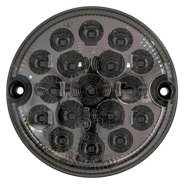WIPAC LED Clear Smoked Rear Fog Light 95mm for Defender - LR048201, close-up view of the round vehicle rear fog light with multiple LED bulbs for enhanced visibility and safety. WIPAC LED Clear Smoked Rear Fog Light 95mm for Defender - LR048201, close-up view of the round vehicle rear fog light with multiple LED bulbs for enhanced visibility and safety.