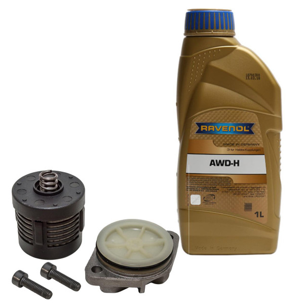 Britpart Haldex Service Kit Gen 3 for Freelander 2, includes a bottle of Ravenol AWD-H oil, a Haldex pump, and sealing components.