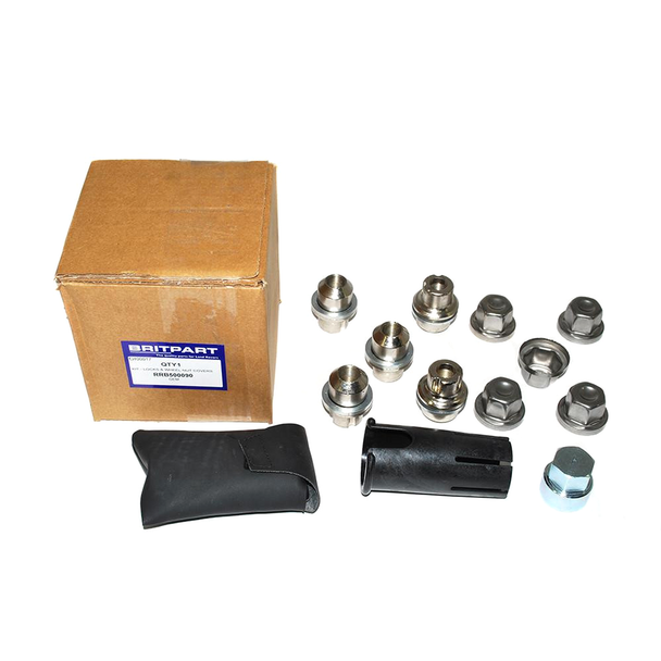 OEM Parts Alloy Wheel Lock Nuts for Defender, metal wheel lock nuts and key socket with packaging and a small black pouch