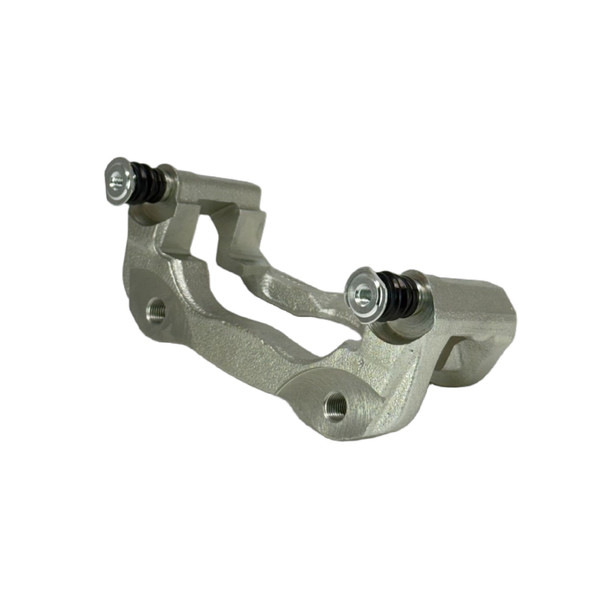 Direct Replacement Front Brake Caliper Bracket for Discovery 2, metal vehicle part with rubber bushings and mounting holes.