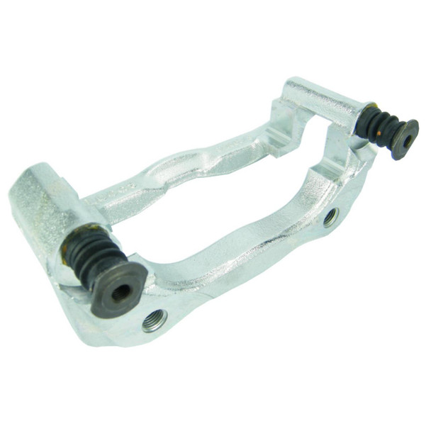 Direct Replacement Front Brake Caliper Bracket for Discovery 2, metal vehicle part with rubber bushings and mounting holes. Direct Replacement Front Brake Caliper Bracket for Discovery 2, metal vehicle part with rubber bushings and mounting holes.