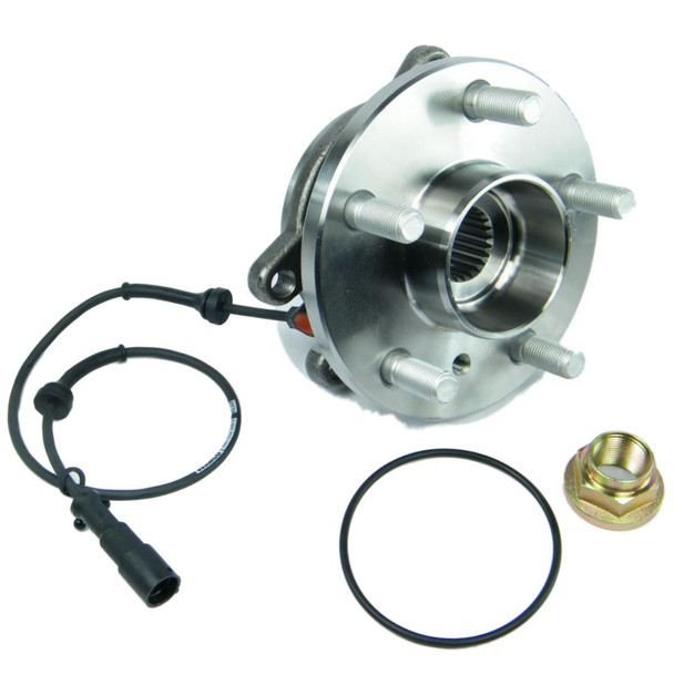 OEM Parts Rear OEM Wheel Bearing Hub Assembly With ABS Sensor for Discovery 2, a metallic wheel hub with bolts, ABS sensor cable, and a nut for automotive replacement. OEM Parts Rear OEM Wheel Bearing Hub Assembly With ABS Sensor for Discovery 2, a metallic wheel hub with bolts, ABS sensor cable, and a nut for automotive replacement.