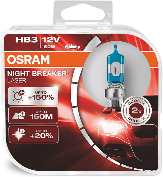 OSRAM NIGHT BREAKER LASER HB3 +150% Brighter Halogen Headlight Bulb Twin Pack - 9005NL-HCB