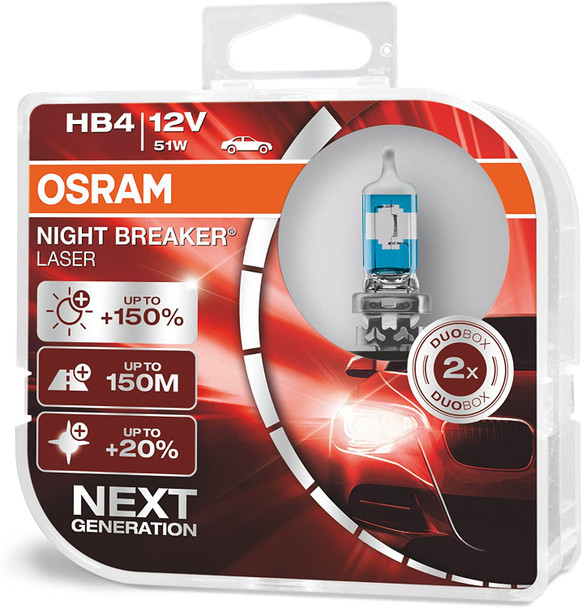 OSRAM NIGHT BREAKER LASER HB4 +150% Brighter Halogen Headlight Bulb Twin Pack from JGS4x4