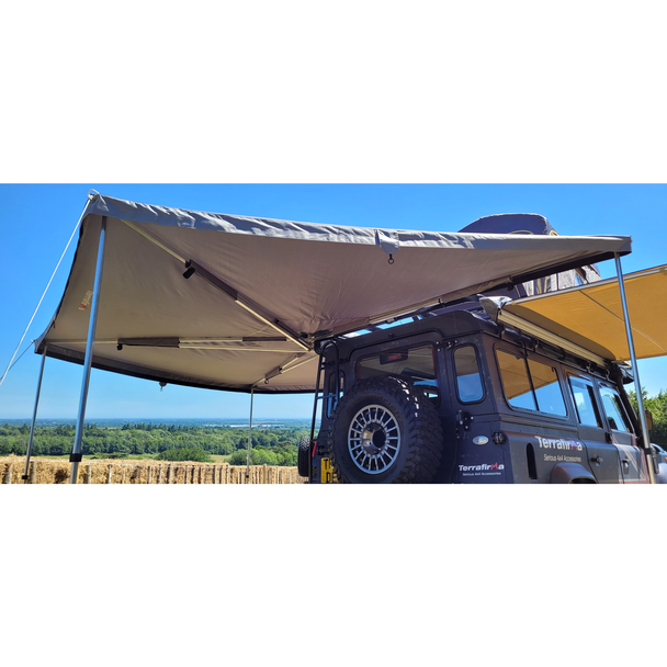 Terrafirma Terradactyl 2.5m 270 degree awning deployed providing large side and rear shelter