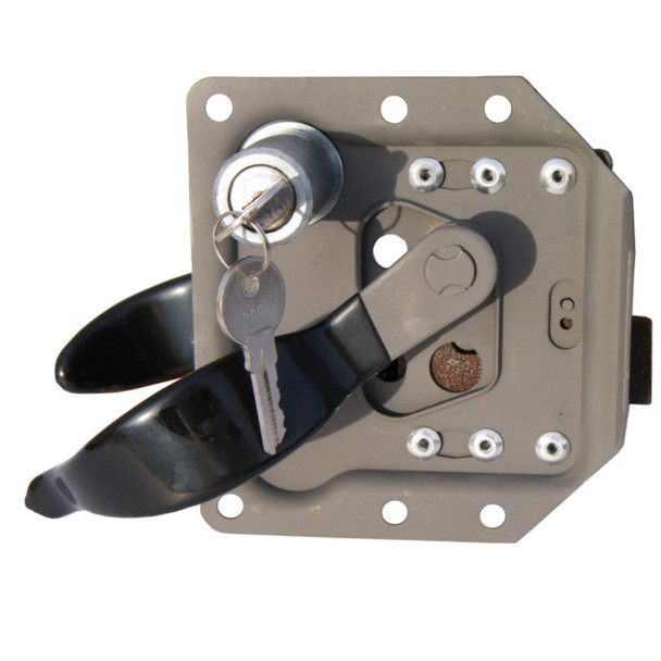 Product: Direct Replacement Front Left Hand Door Handle & Lock for Series 2 & 3, image showing a car door lock and handle mechanism with a key inserted.