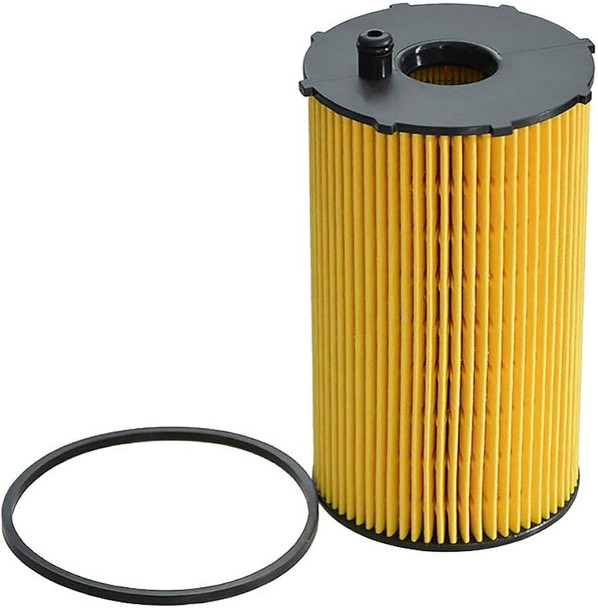 Mahle Engine Oil Filter for Discovery 3, 4 & Range Rover Sport 2.7 TDV6, image of a cylindrical yellow filter with black end caps and attached rubber O-ring with a white and blue branded box.