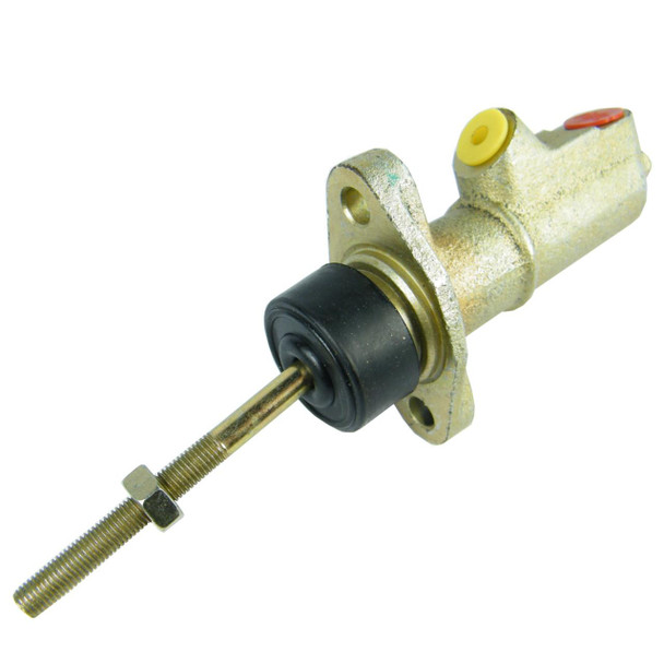 Product: Direct Replacement Brake Or Clutch Master Cylinder Kit Car Universal 3/4" 19mm, image showing a metallic brake or clutch master cylinder with a black rubber seal and a threaded metal rod for mounting.