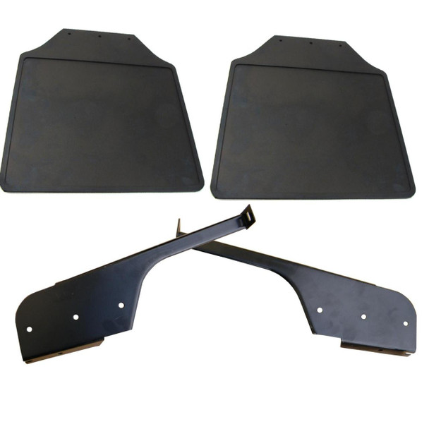 Direct Replacement Defender 110 Rear Mud Flaps With Brackets, black mud flaps for rear of vehicle with mounting brackets included.
