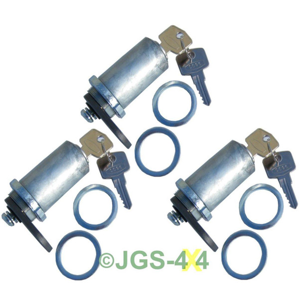 Direct Replacement Door Lock & Key Barrel Set for Series 2, metallic lock cylinders with keys and washers.