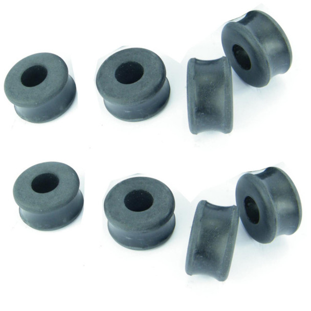 Direct Replacement Front Shock Absorber Rubber Bush Kit for Defender, rubber bushings for shock absorbers, black rubber components for vehicle suspension.