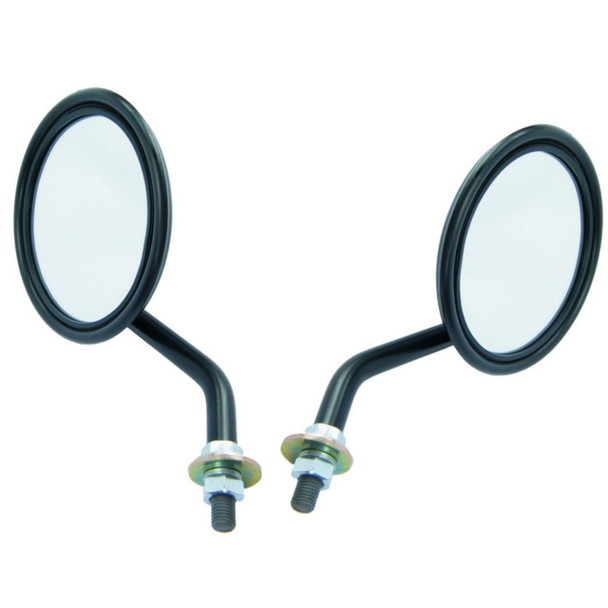 Direct Replacement Round Wing Mirror & Stalk Pair - 562912 for Series & Range Rover, black round side mirrors with stalks for vehicle side mounting.