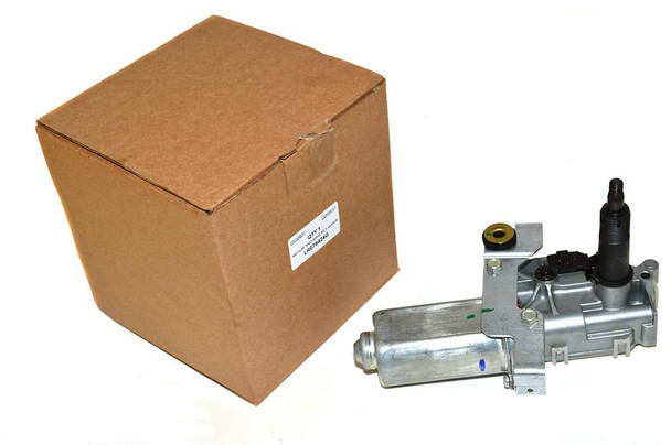 Direct Replacement Rear Window Wiper Motor Assembly for Defender, new wiper motor and its packaging in a box.