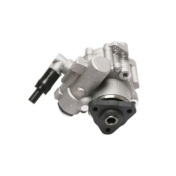 Direct Replacement Power Steering Pump for Defender 300 TDi, new automotive power steering pump showing metallic body with mounting holes and attached hoses.