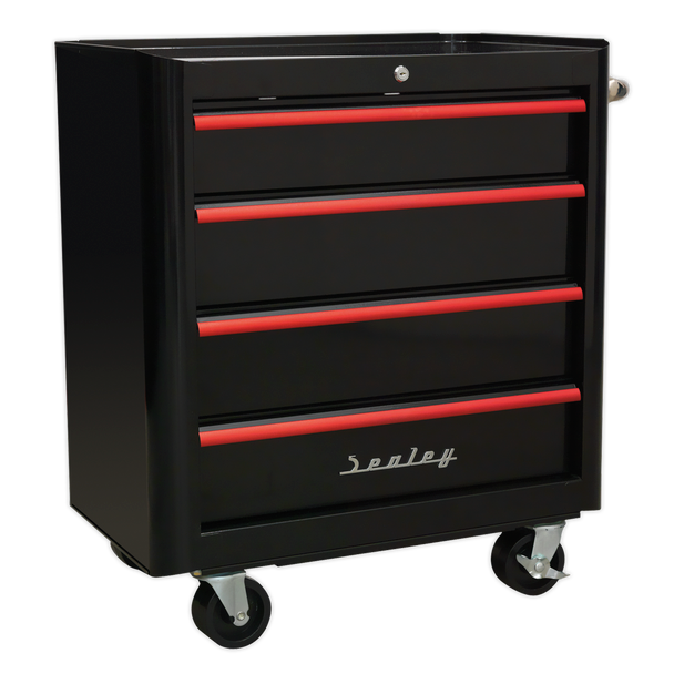 Premier Retro Style Rollcab 4 Drawer - Black with Red Anodised Drawer Pulls