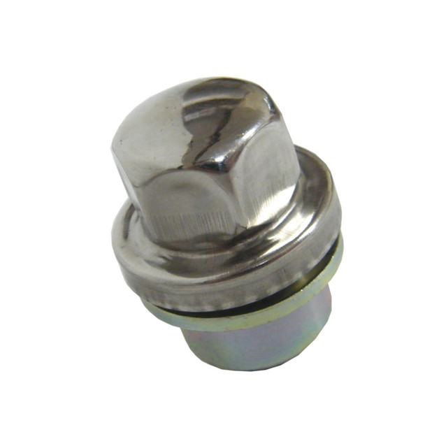 Direct Replacement Alloy Wheel Nut With Stainless Steel Cap for Discovery 2 & Range Rover P38, close-up view of a shiny, metallic wheel nut with a stainless steel cap. Direct Replacement Alloy Wheel Nut With Stainless Steel Cap for Discovery 2 & Range Rover P38, close-up view of a shiny, metallic wheel nut with a stainless steel cap.