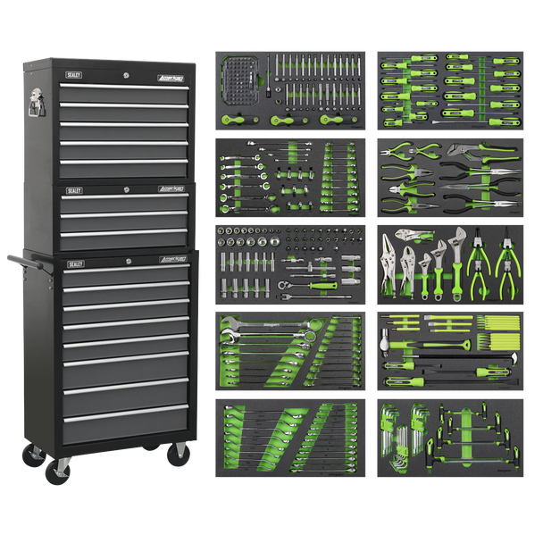 Tool Chest Combination 16 Drawer with Ball-Bearing Slides - Black/Grey & 398pc Tool Kit