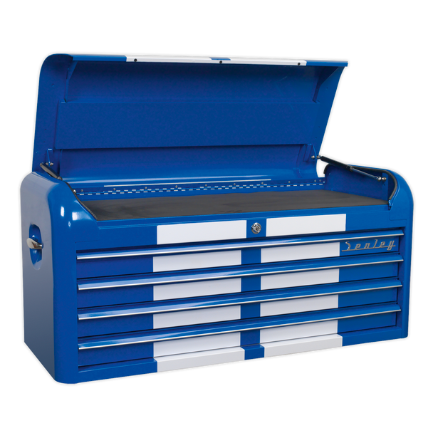 Premier Retro Style Wide Topchest 4 Drawer - Blue with White Stripes