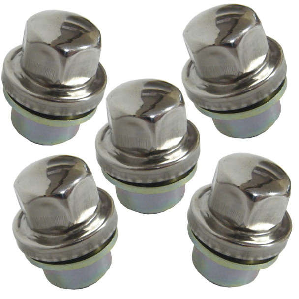 Direct Replacement Alloy Wheel Nut for Discovery 2, set of five shiny chrome wheel nuts with hexagonal tops and threaded bases