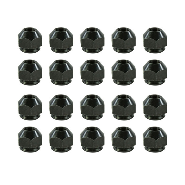 Direct Replacement Steel Wheel Nut For Steel Wheels, black metal wheel nuts shown in a scattered arrangement.