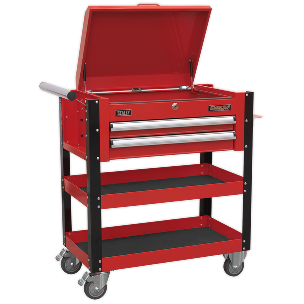 Superline PRO® Heavy-Duty Mobile Tool & Parts Trolley with Lockable Top & 2 Drawers - Red