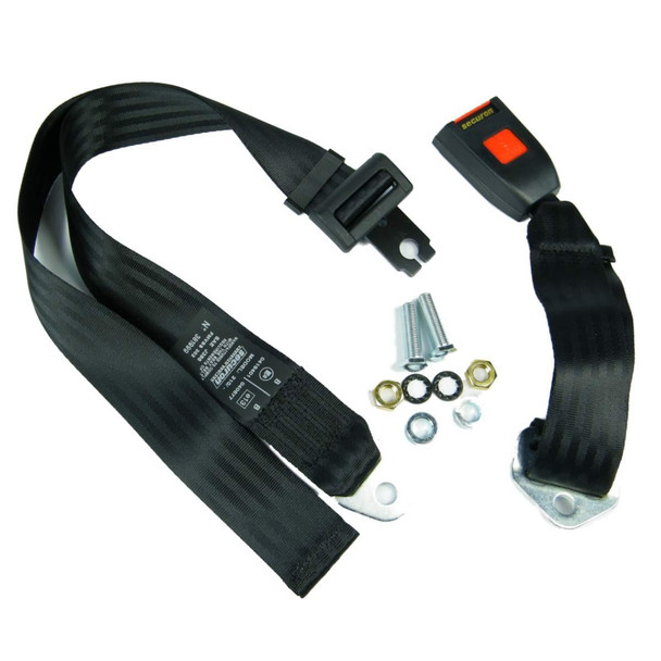 Securon Universal Lap Belt Rear Centre Seatbelt Static Safety Belt SECURON 210, a black seatbelt with mounting hardware, tension lock, and buckle for vehicle safety.