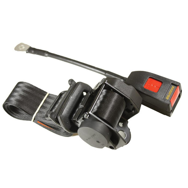 Securon Universal Retractable Inertia Seat Belt 3 Point SECURON Diagonal Seatbelt, a black and silver seatbelt with a retractable mechanism and red release button.