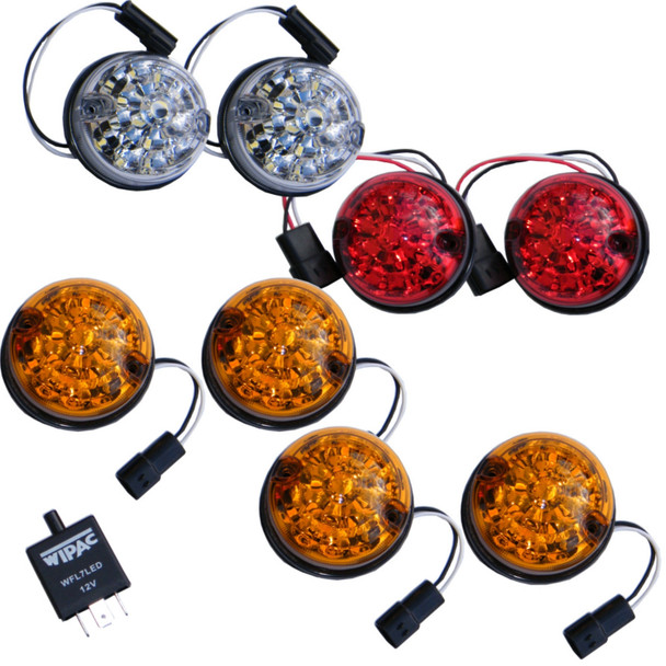WIPAC LED Coloured Lamp Upgrade Kit Wipac for Defender & Series 2/3, colourful LED vehicle indicator lamps in red, amber, and white with wiring and relay included.
